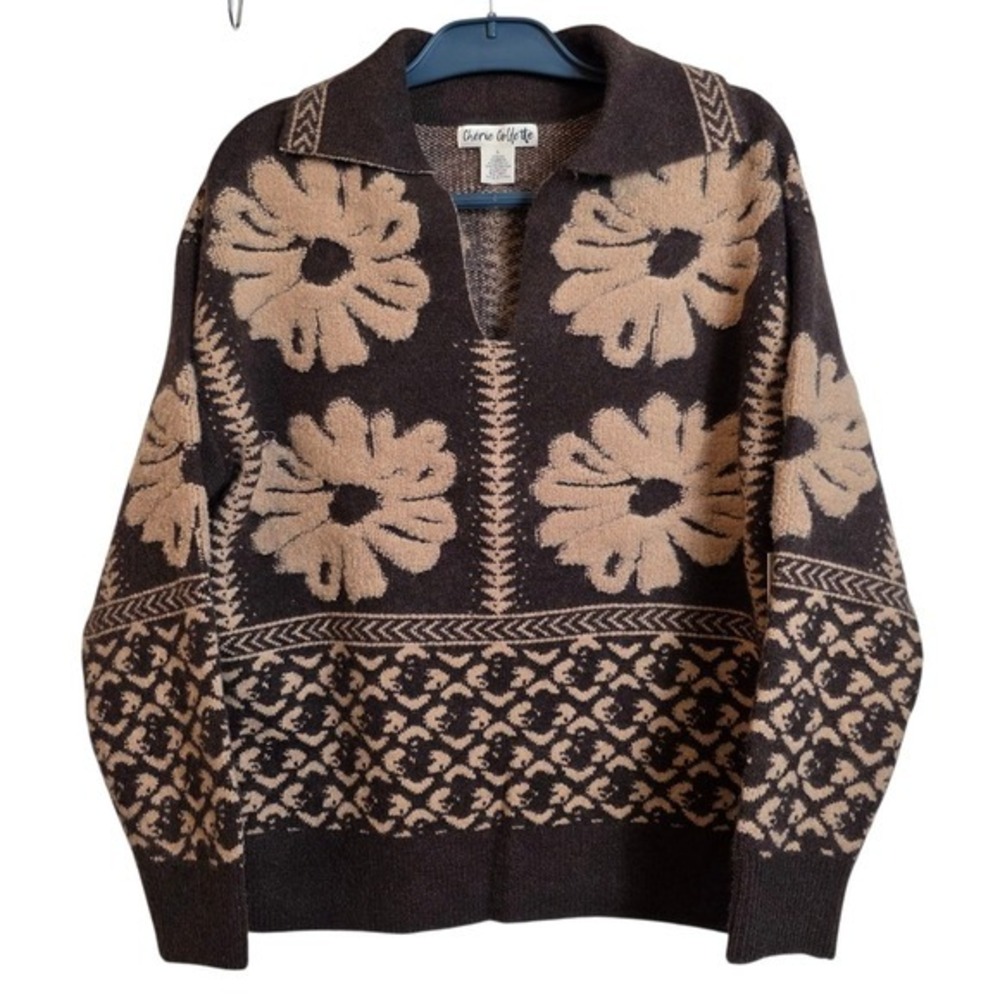 Chérie Collette Brown Floral Knit Sweater Women's Large Boho - Picture 2 of 12